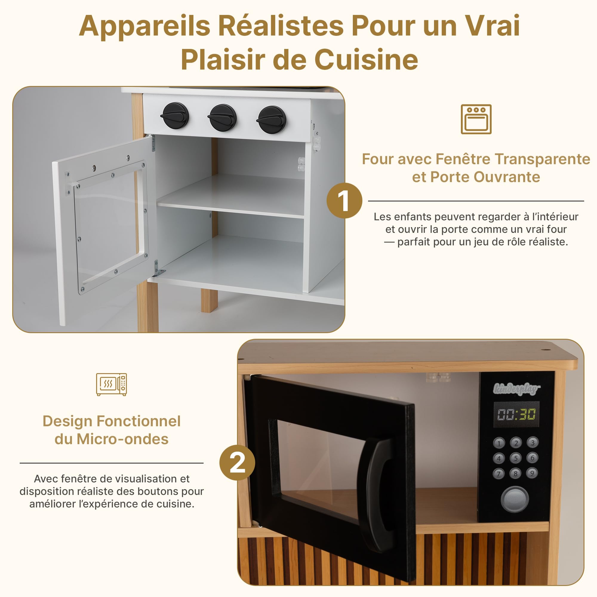 GS0070 Cuisine pour Enfant en Bois avec lumière et Son – Cuisine de Jeu avec Accessoires, cuisinière, Four, évier, Micro-Ondes – Cuisine Moderne en Bois pour Enfants à partir de 3 Ans