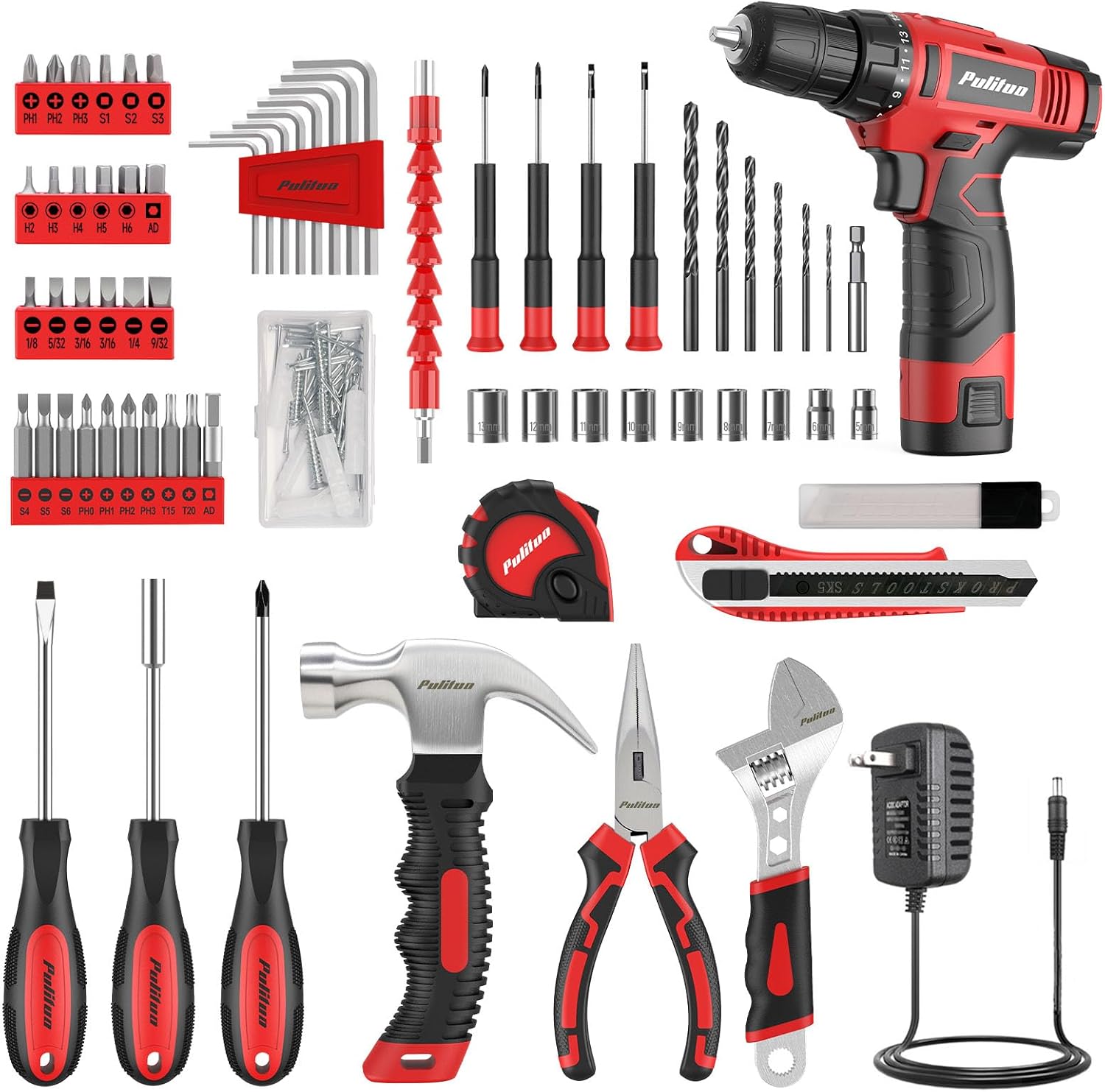 PULITUO 149-Piece Home Drill Set with 12V Red Cordless Drill, Hand Tools, Tool Box for Women, Men, DIY Enthusiasts for Home Improvement.