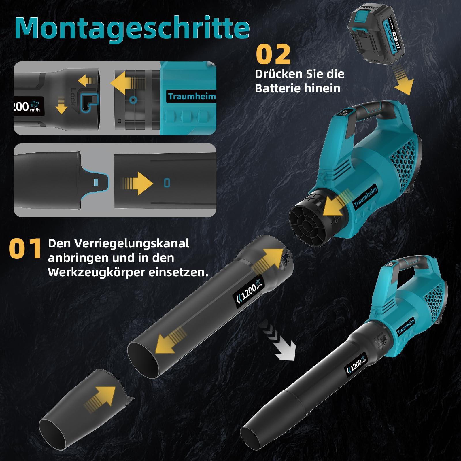 Akku Laubbläser, 3-Gang Kabelloser Elektrischer Laubbläser mit 2X 4.0Ah/21V Batterien, 1200m³/h Akkus Kabellos laubbläser für Garten, Laub, Staub & Schnee