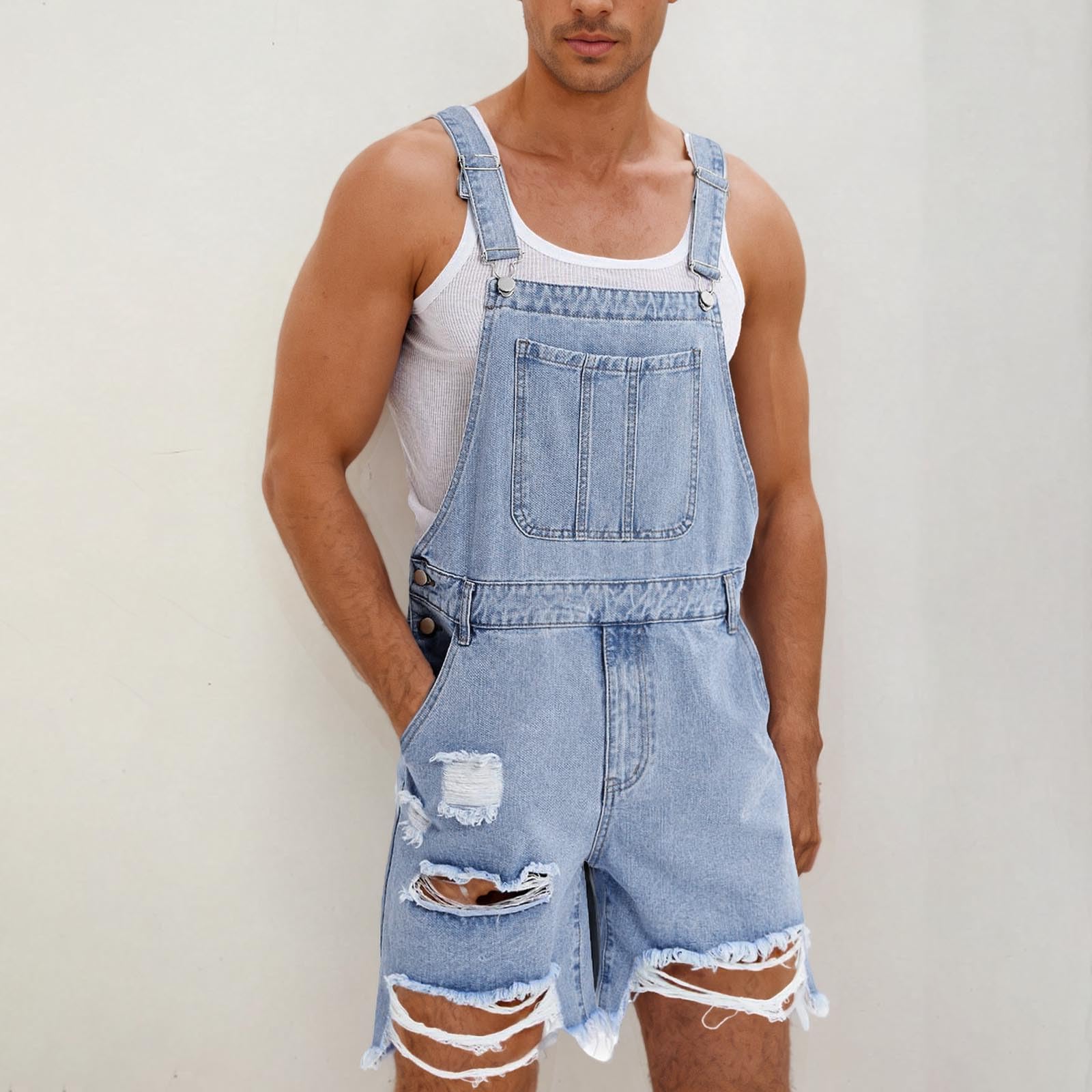 HAOLEI 2025 Peto Vaquero Hombre,Mono Vaquero Corto Mono Pantalones de Vaqueros Peto Trabajo Bib Suelto Jumpsuit con Bolsillos Casual Mezclilla Moda Fiesta Pant Jeans Roto Denim Pantalon Monos