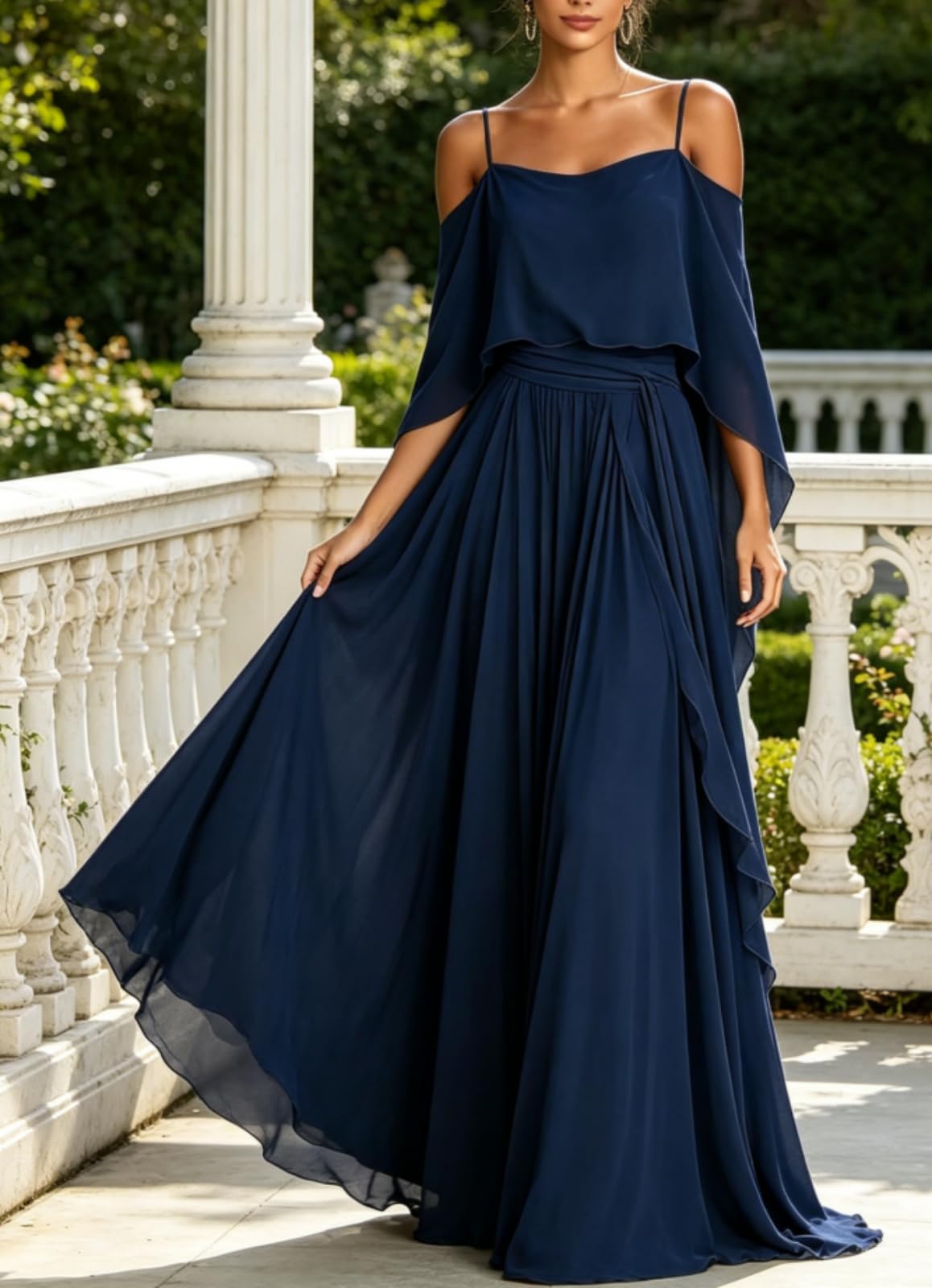 Abito lungo da donna in chiffon, elegante, con volant e spalle scoperte