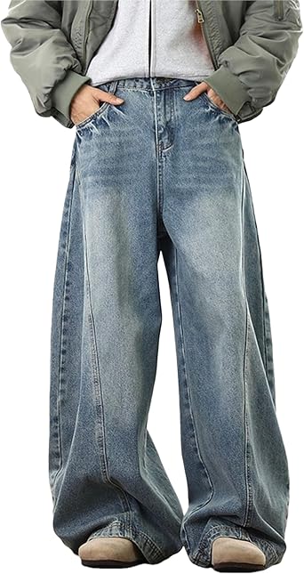 Mens Y2K Jeans Hip Hop Plain Denim Pants Wide Leg Skater Pants Vintage Streetwear Jeans