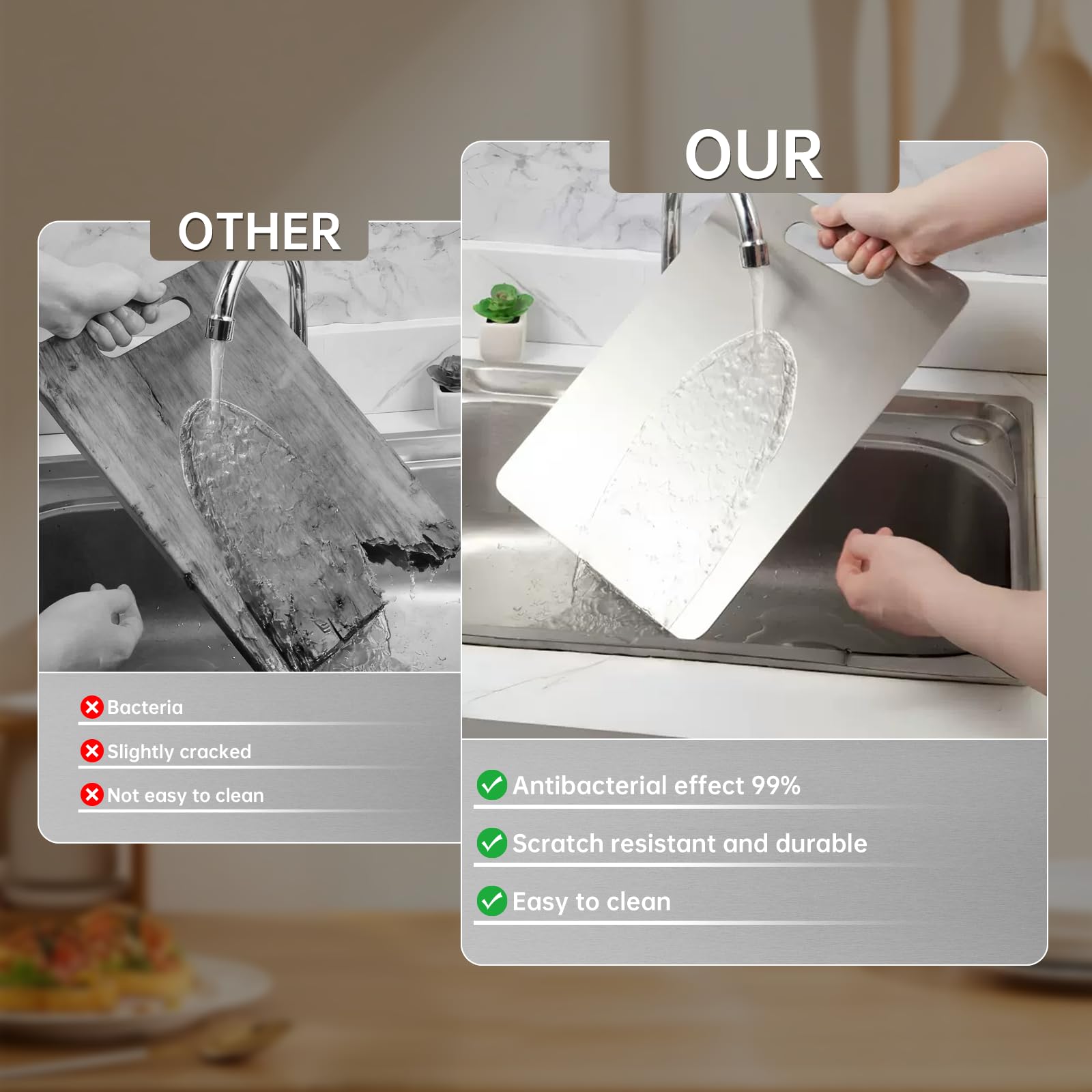 3 Piezas Tabla de Cortar de Acero Inoxidable, Grado Alimenticio de Doble Cara Tabla Cortar Titanio para Cocina, Multifunción Titanium Cutting Board para Carne,Verduras,Frutas