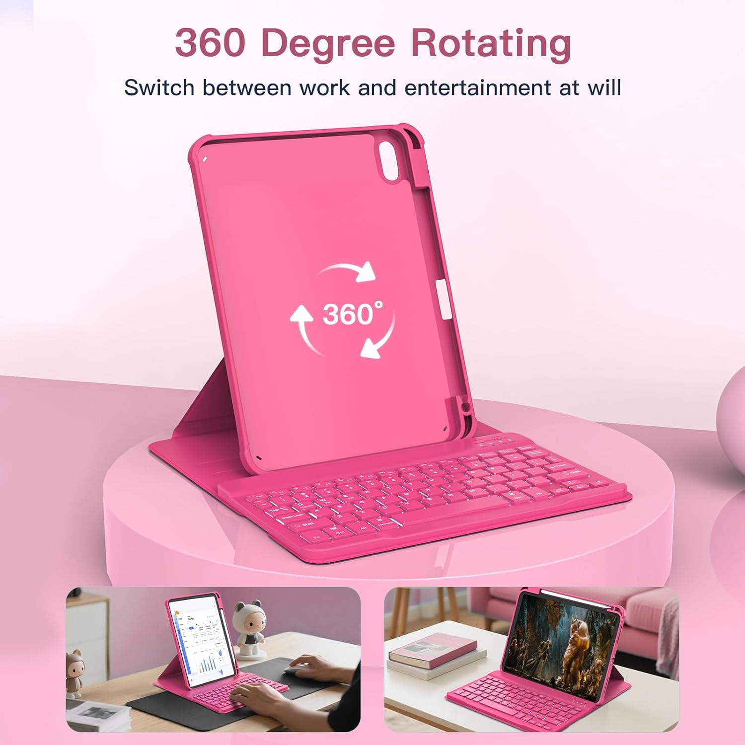 for iPad 11th(A16, 2025)/10th Generation Case with Keyboard, 360° Rotatable Case & Detachable Backlit Keyboard, Precision Cutouts and Pen Holder for iPad A16 11''/10th 10.9'', Hot Pink - Image 3