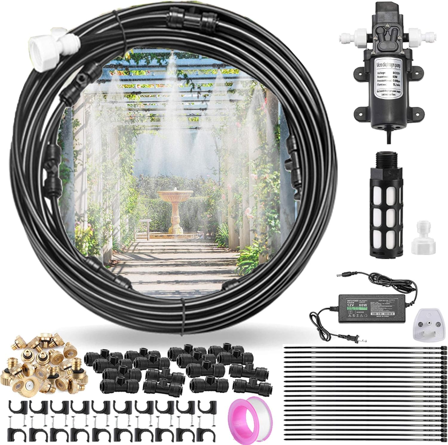 New Outdoor Misting Cooling System with Pump - 20m (65ft) Misting Line with Filte. for Patio Garden Greenhouse Watering Distribution System