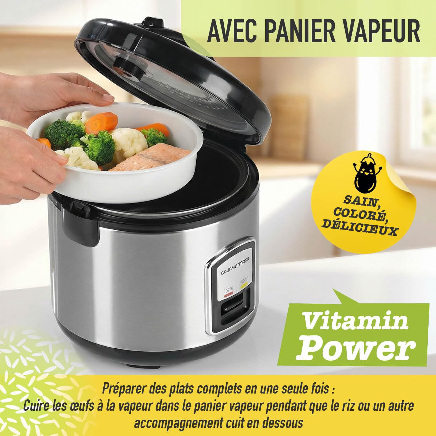 GOURMETmaxx cuiseur à riz compact & vapeur 1 L avec panier vapeur, cuve, spatule et verre doseur. Fonction maintien au chaud, idéal pour célibataires et petites familles, compatible lave-vaisselle.