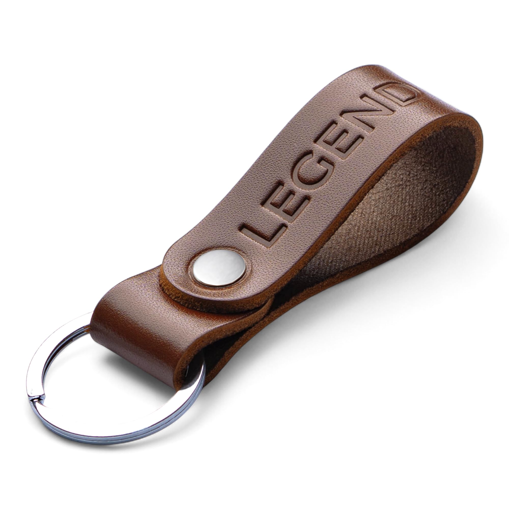 MAGOR Handmade Full Grain Leather Keyring Personalised Keychain for Men Women Car Keys Gift for Him Her Dad Husband Premium Hot Embossed Brown Leather Loop in Gift Box (LEGEND)