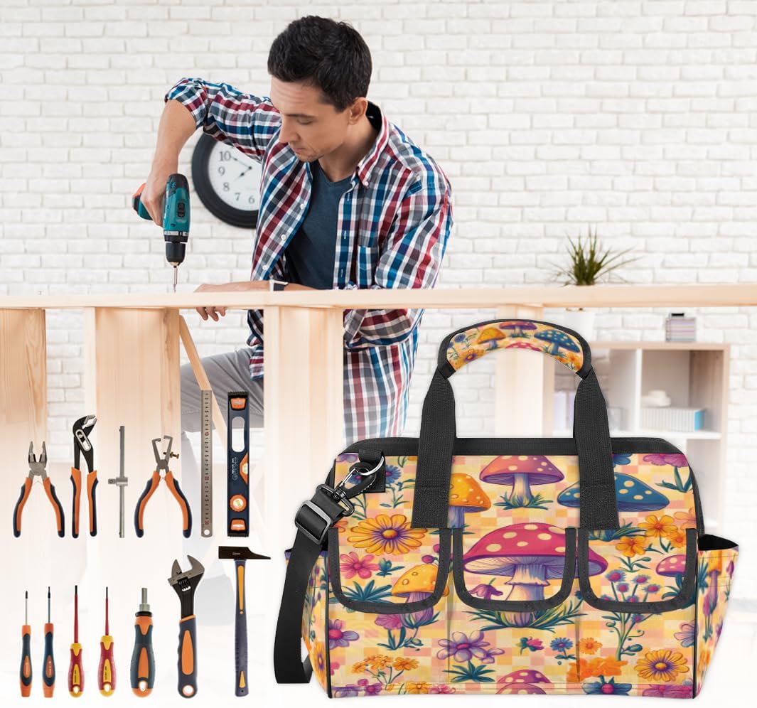 Mushrooms Theme Tool Bags for Men Women Multi-Pockets Wide Mouth Tool Organizer Storage Tote Bag Waterproof Stroage Bags with Adjustabe Shoulder Straper for Car Electrician Garden