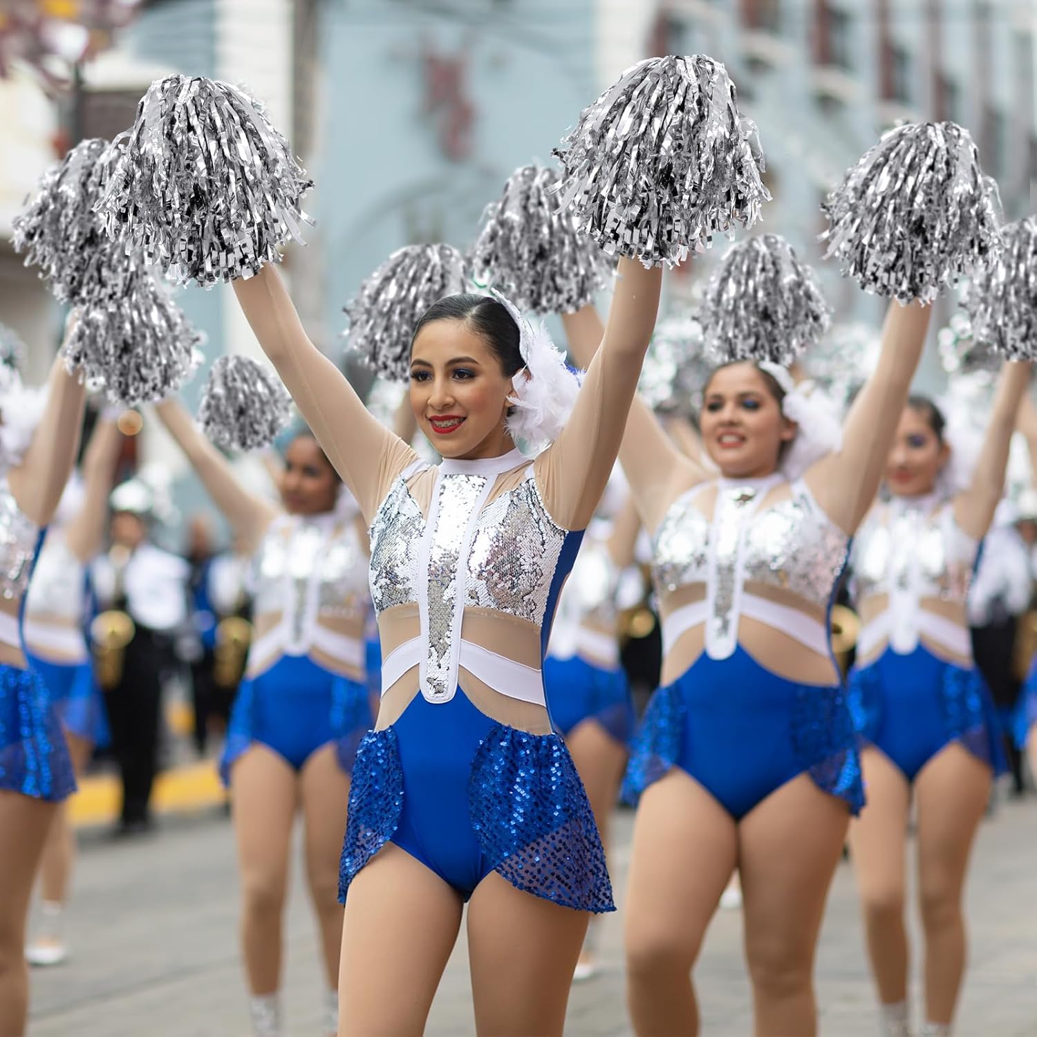 100 Pack Cheerleading Pom Pom Bulk Football Game Cheerleader Pompoms Plastic Cheering Hand Flowers with Handle for Sports Dance Match Team Cheerleading Squad(Silver)