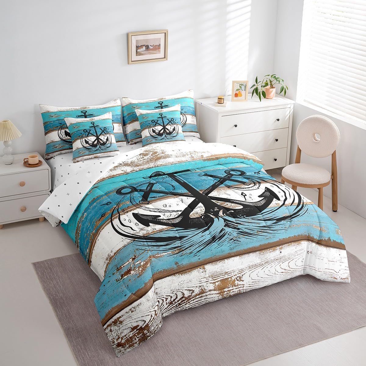 Erosebridal Ocean Anchor Bed in A Bag 7 Piece Twin,Rustic Wooden Plank Printed Comforter Set for Youth,Nautical Compass Bedding Sets,Retro Summer Hawaii Quilt with Flat Fitted Sheet,Pillow Covers