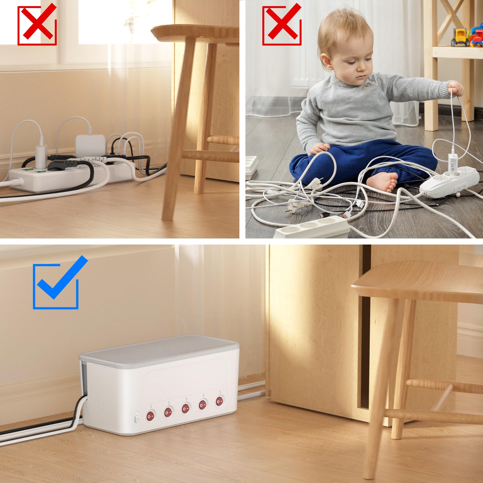 Kabelbox mit Steckdosenleiste Weiß, Mehrfachsteckdose Überspannungsschutz | Kabel Organizer Box 5-Fach Steckerleiste Einzeln Schaltbar,5 Steckdose und 4 USB, Schreibtisch Organizer Kabelmanagement Box