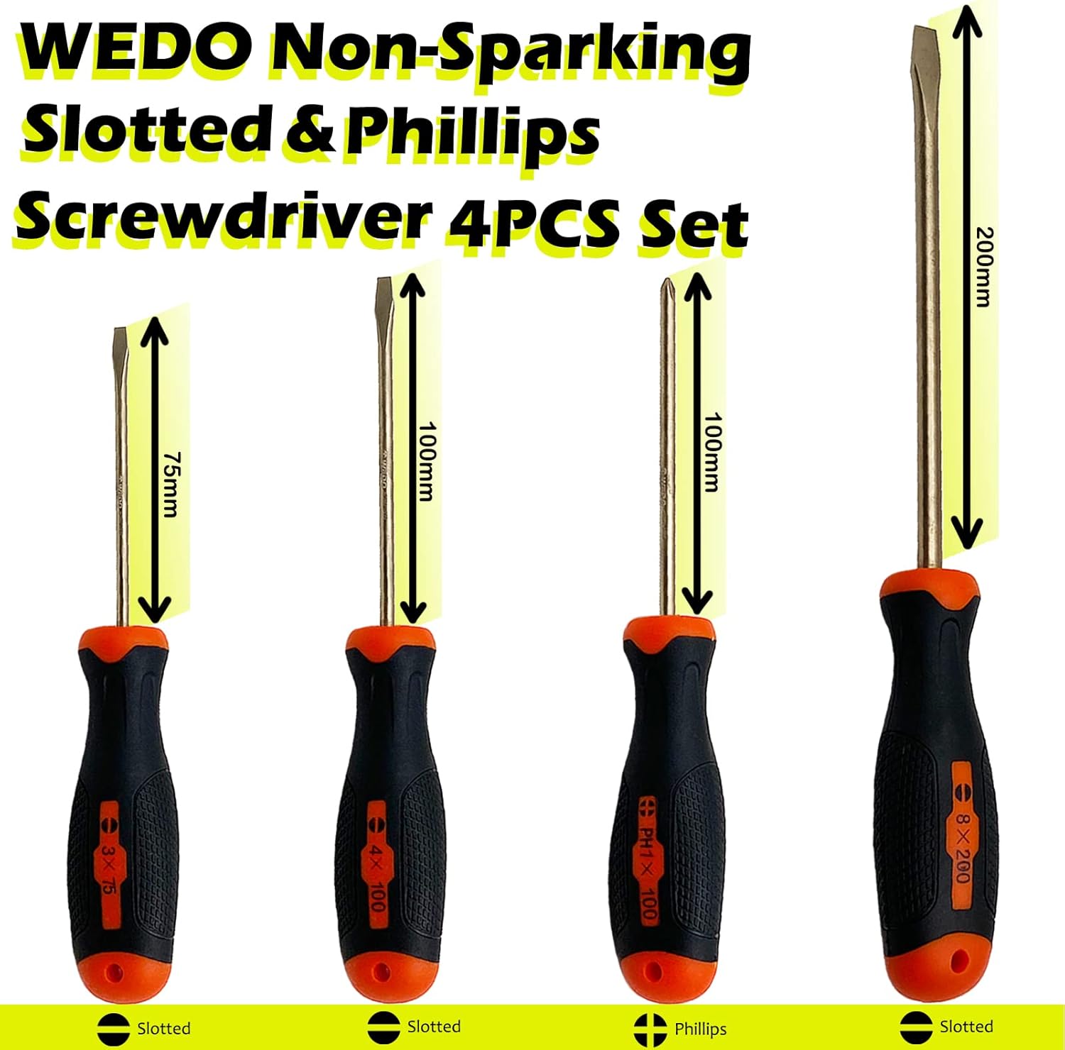WEDO 4-Piece Non-Sparking Screwdriver Set,Flat Head(3X75mm,4X100mm,8X200mm),Cross-Head PH1 100mm,Aluminum Bronze,Fiberglass Handle,Phillips&Slotted Screwdriver Set