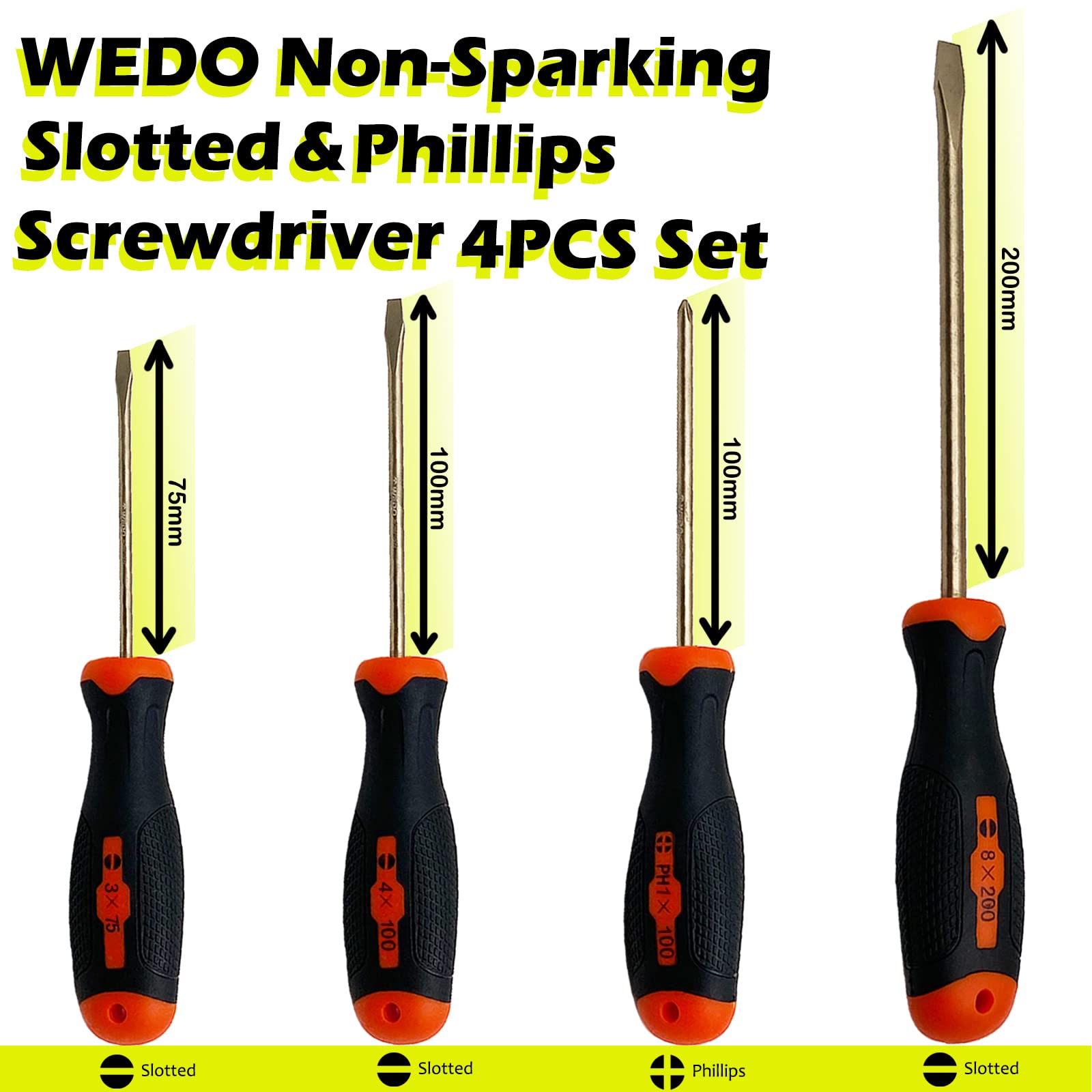 WEDO Set 4 cacciaviti anti-scintillanti, testa piatta (3 x 75 mm, 4 x 100 mm, 8 x 200 mm), testa a croce PH1 100 mm, bronzo in alluminio, manico in fibra vetro, a croce e set cacciaviti scanalati