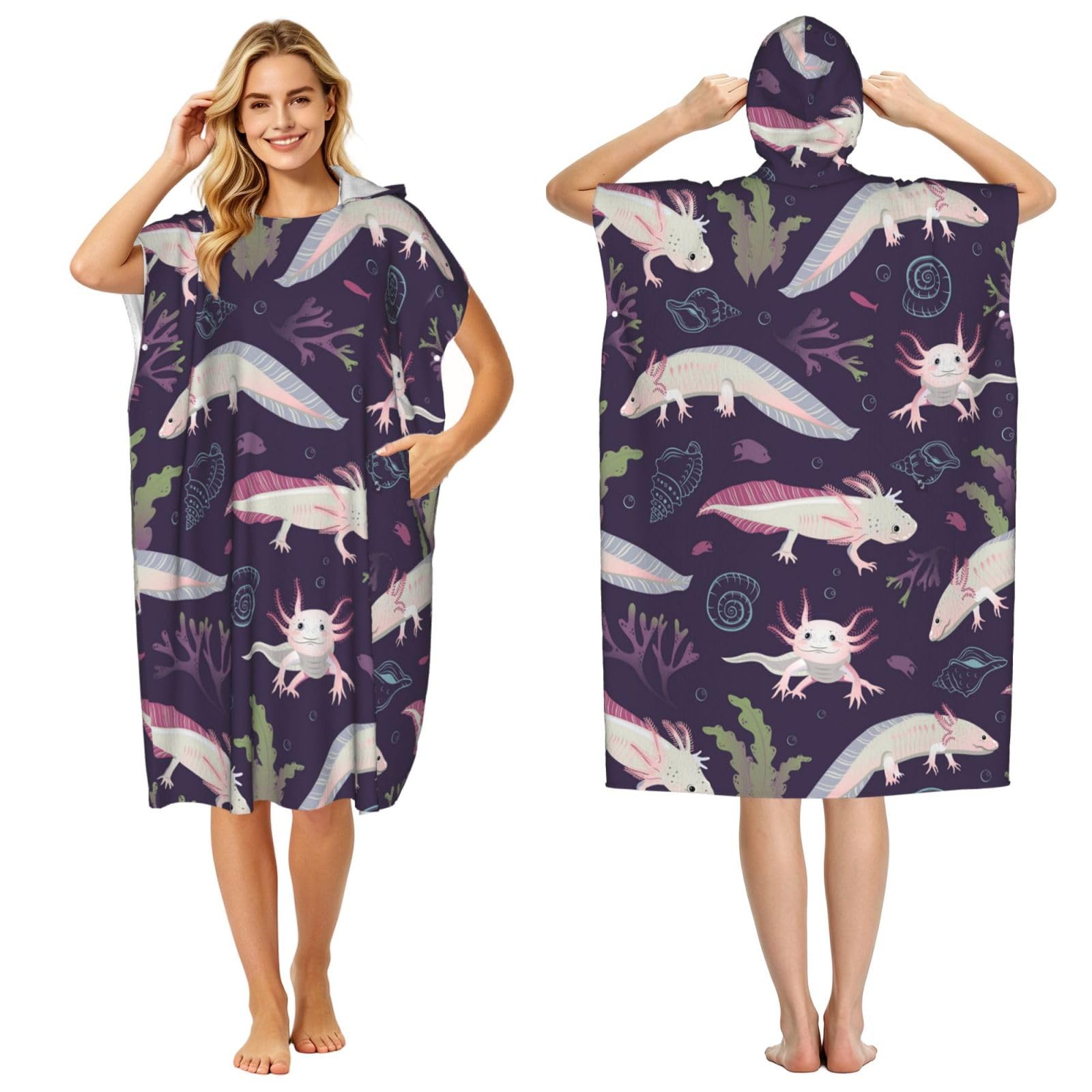 Poadnly Axolotls, Adult Hooded Beach Towel 90 x 110 cm,Changing Bath Robe, Surf Poncho Towel For Women Men