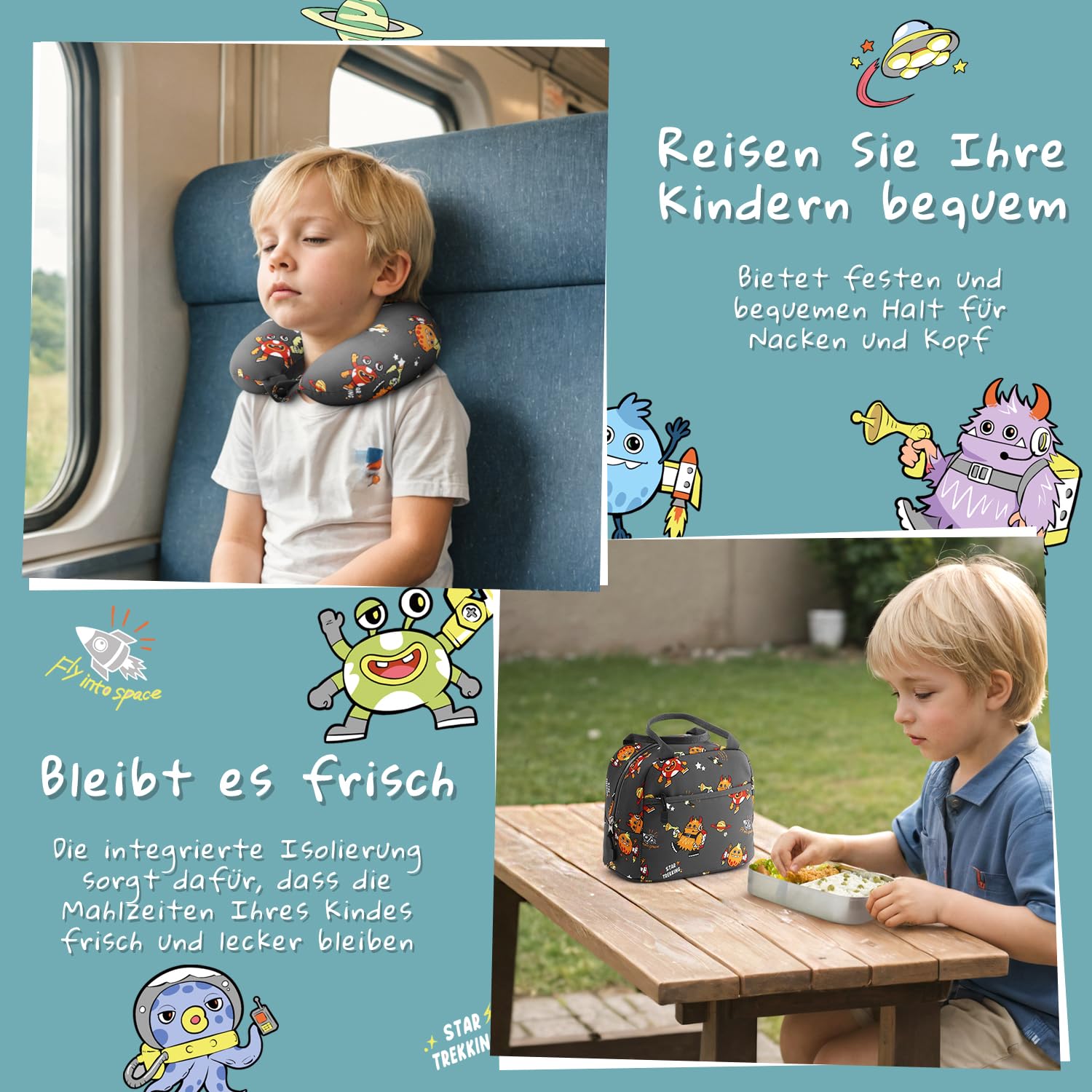 COOLIFE 5tlg Kinderkoffer mit Rucksack, Kindertrolley aus Kunststoff, Kindergepäck, Kinder Kofferset Handgepäck Reisegepäck Hartschalenkoffer für Jungen und Mädchen (Monster, Koffer-Set 5-TLG)