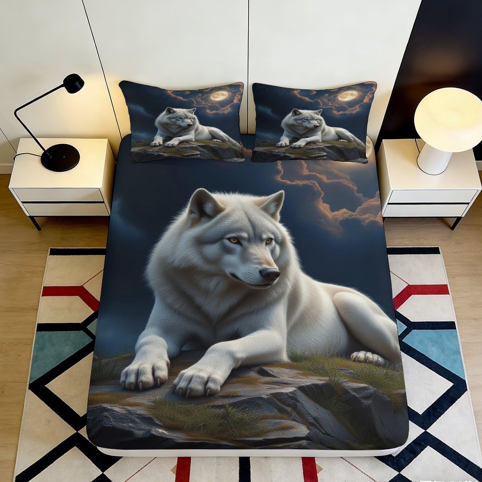 3D Printed White Wolf Fitted Sheet Microfiber Soft Breathable Moonlit Sky Bed Cover for Bedroom Dormitory Guest Room Mattress Protection Decor 120x200x25cm