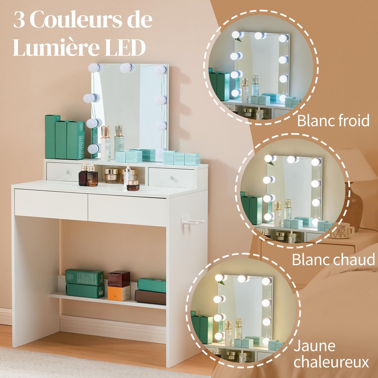 LEADZM Coiffeuse avec Miroir LED 3 Couleurs Réglables, 4 Tiroirs, 1 Porte-Sèche-Cheveux, 80x40x130 cm (Blanc)