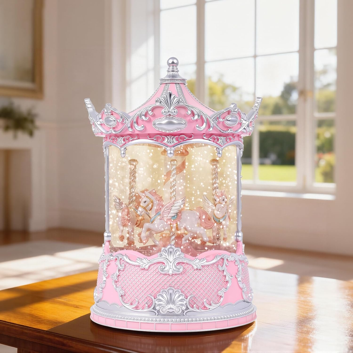 Valentine's Day Gift Pink Carousel Horse Snow Globe Music Box with Rotating Horses Musical Unicorn Snow Globe with Glitter for Girls, Women, Mom, Valentine's Day Birthday Gifts (Pink Silver Carousel)