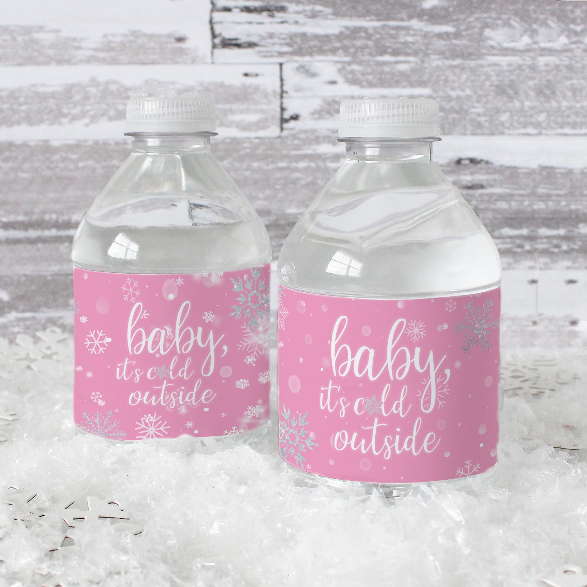 Pink Little Snowflake Winter Baby Shower Water Bottle Labels, Baby It's Cold Outside - 24 Stickers