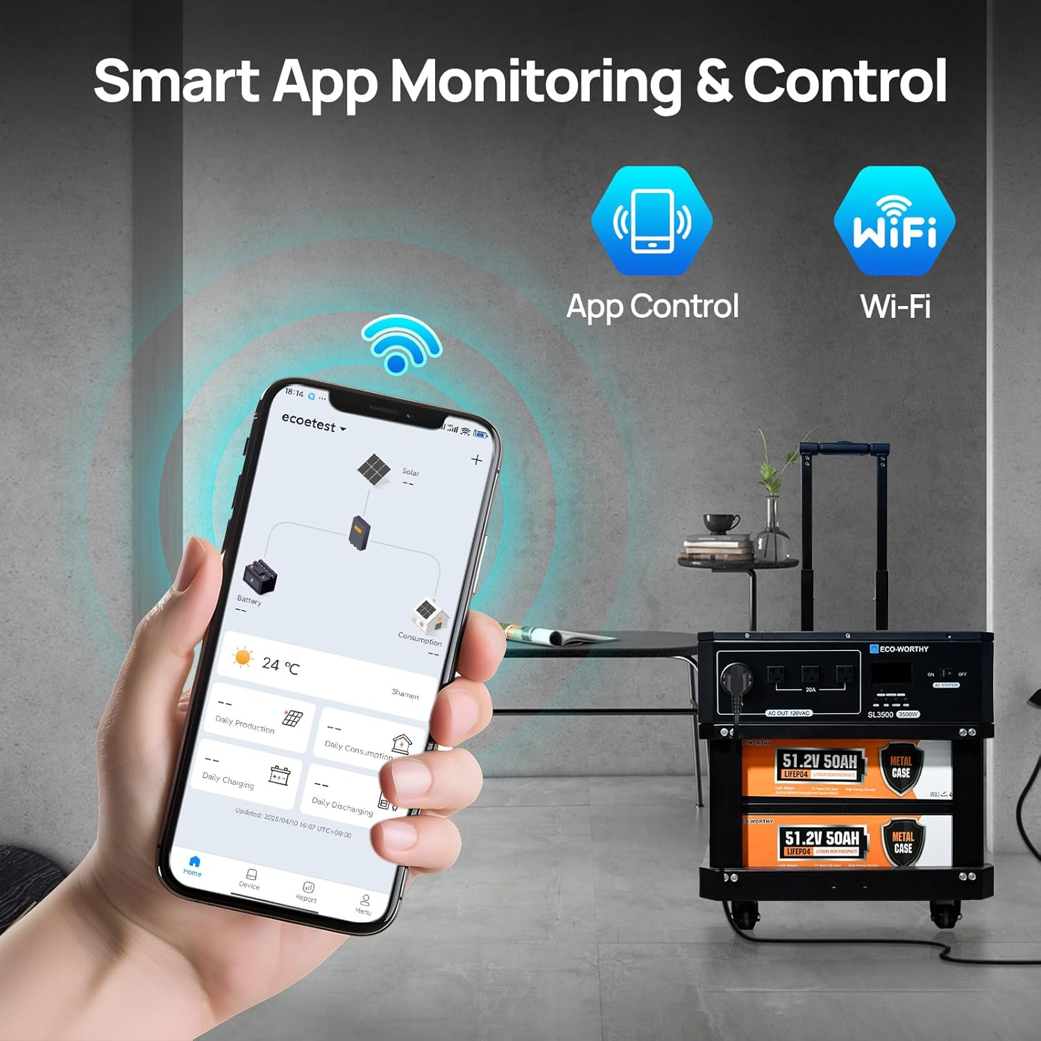 ECO-WORTHY SL3500 5120Wh 3500W Stackable Power Station, 120V/240V 3500W AC Output, LiFePO4 Battery Backup Expandable to 15.36kWH with BMS, for Home Backup, Emergency, Solar System Components