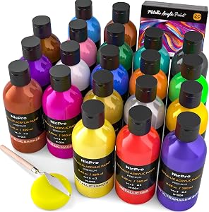 Nicpro 20 Colors Metallic Acrylic Paint Set (8.45 oz, 250 ml), Large Acrylic Paint Bulk, Non Toxic Art Painting Supplies for Multi Surface Canvas Rock Wood Leather Stone Metal with Color Wheel