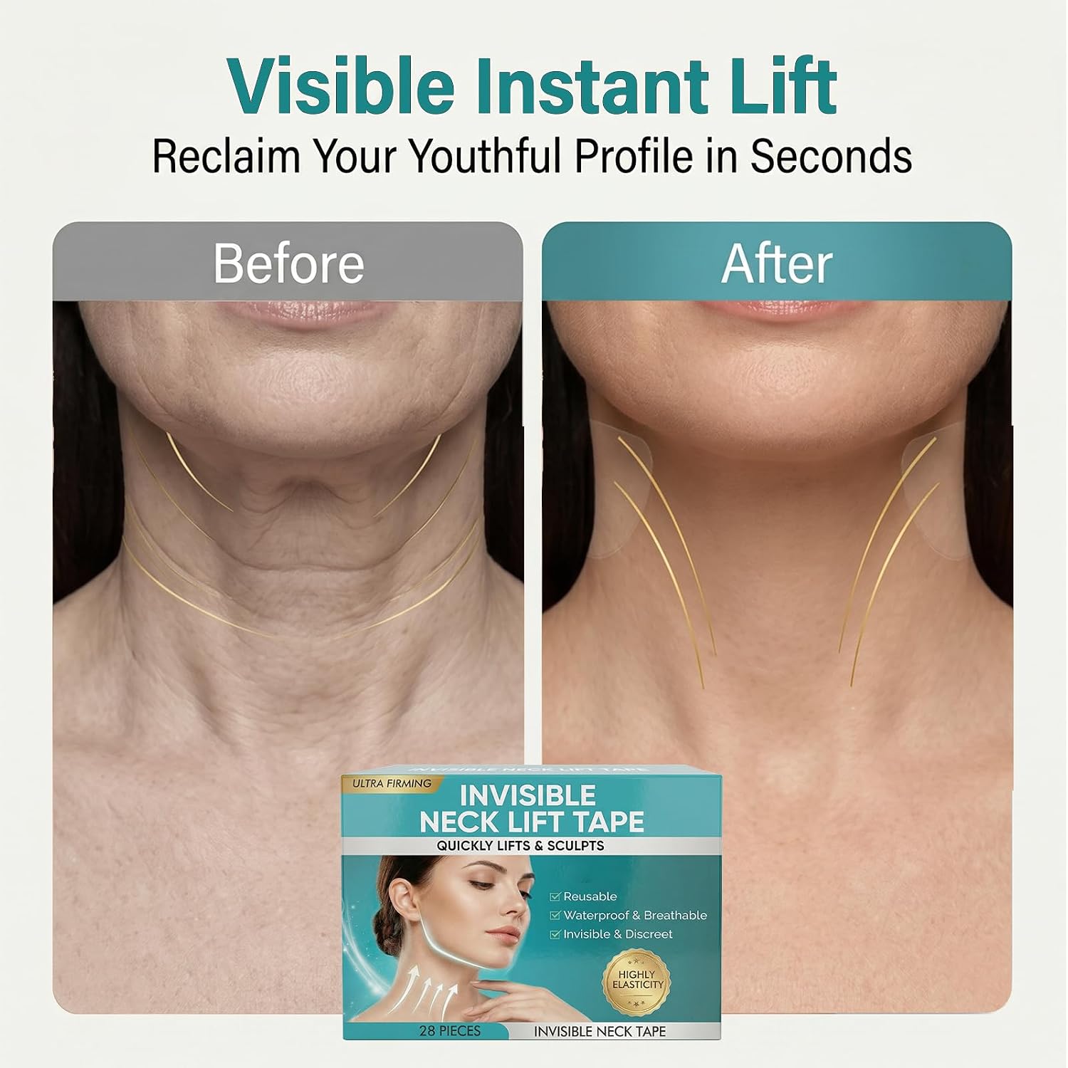 Neck Lift Tape, 28 PCS Invisible Neck Tape Lifting for Double Chin & Sagging Skin, Waterproof High Elastic Face Lift Straps for Women