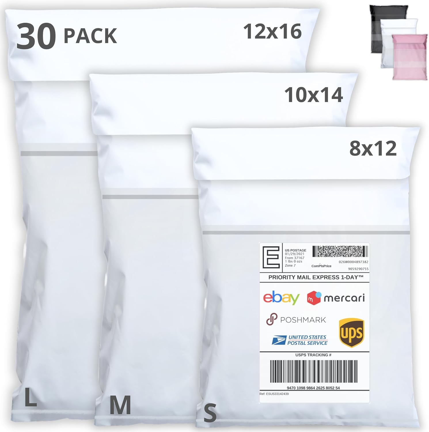 Shipping Bags (30 Pack) with Label Pouch – 8×12, 10×14 & 12×16 – Poly Mailers for Clothes, Self-Seal Plastic Mailing Envelopes – Tear & Water-Resistant Packaging Bags for Clothing, Not Padded