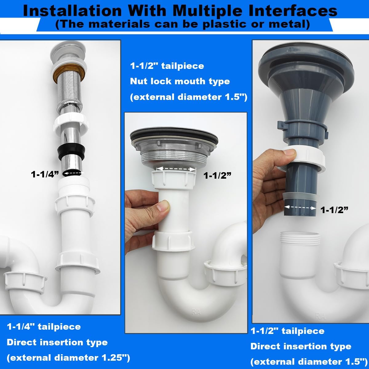 White 1 1/4" and 1-1/2" P-Trap Plumbing Kit with Threaded Adapter, J-Bend for Restroom Sink Kitchen Sink Drain Pipe, Flexible Extension Tube Drain Tailpiece