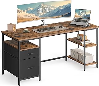 VASAGLE Computertisch, Bürotisch, Schreibtisch, mit 3 Ablagen, 2 Schubladen, 160 x 60 x 76 cm, fürs Büro, Wohnzimmer, Industrie-Stil, vintagebraun-schwarz LWD105K01