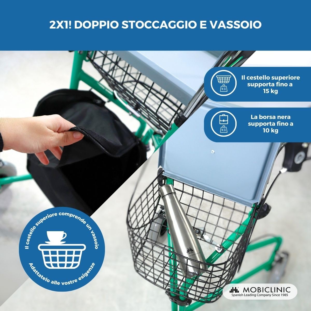 Mobiclinic®, Deambulatore per anziani, Cestino e 3 ruote, Con coperchio, Freni sulle maniglie, Altezza regolabile, Marchio spagnolo, Struttura leggera maneggevole, Piccole, Verde