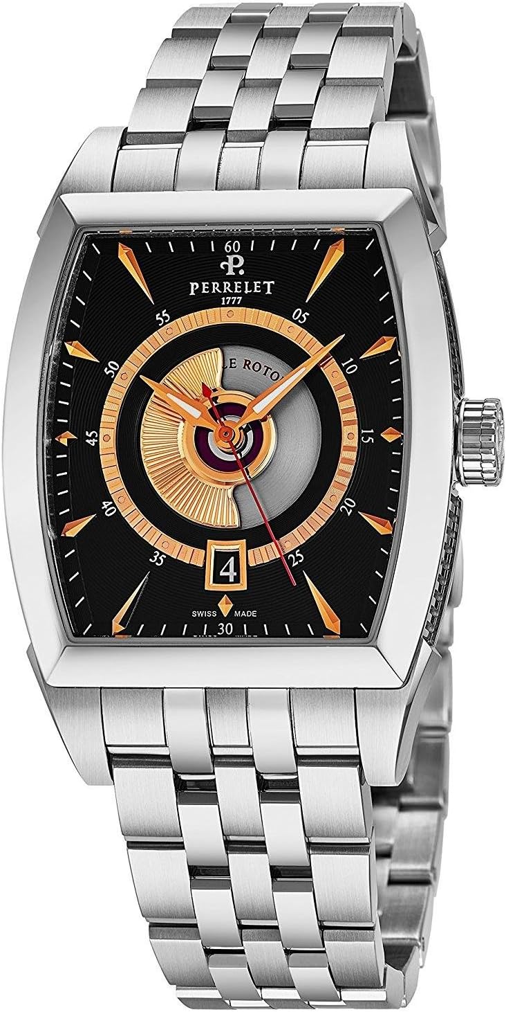 Perrelet Double Rotor Rectangle Mens Automatic Watch Stainless Steel Band - Analog Black Face with Second Hand and Sapphire Crystal - Swiss Made Luxury Automatic Watches for Men with Date A1029/F