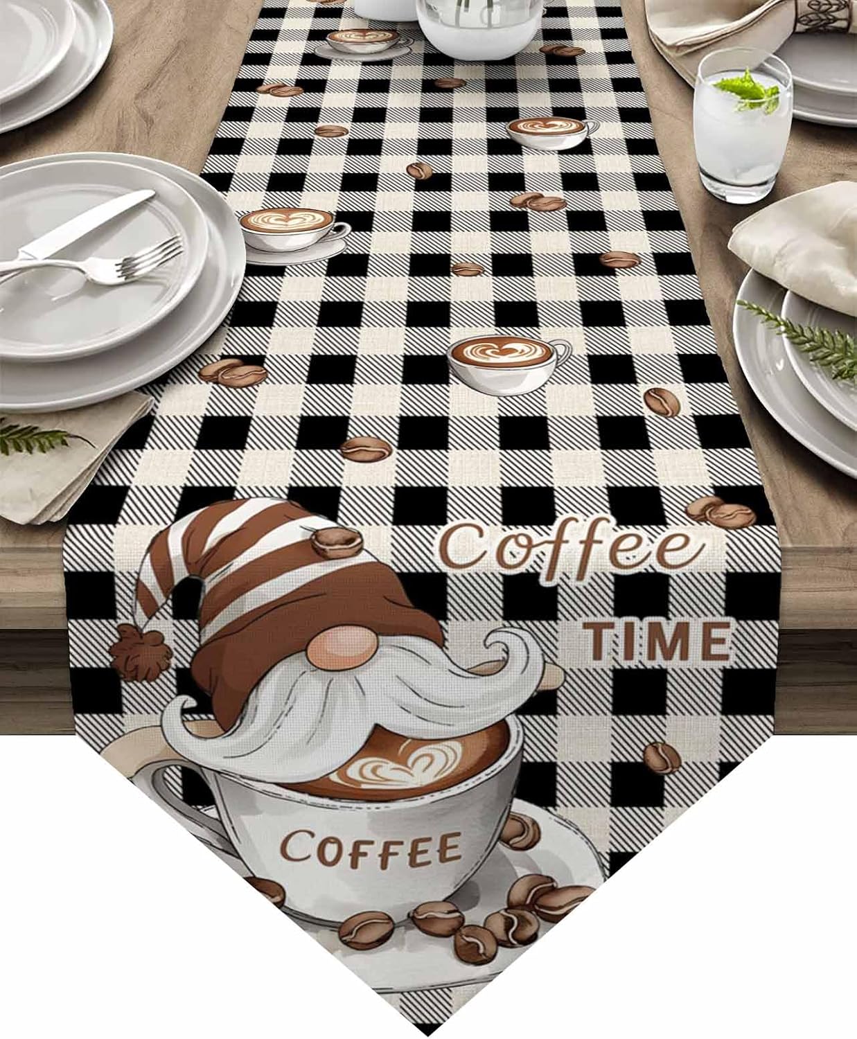 Z&L Home Coffee Gnome Linen Table Runner -60 Inches Long,Washable Burlap Table Runners,Black Checker Retro Dining Dresser Scarfs for Kitchen Wedding Holiday Party Tables Decor