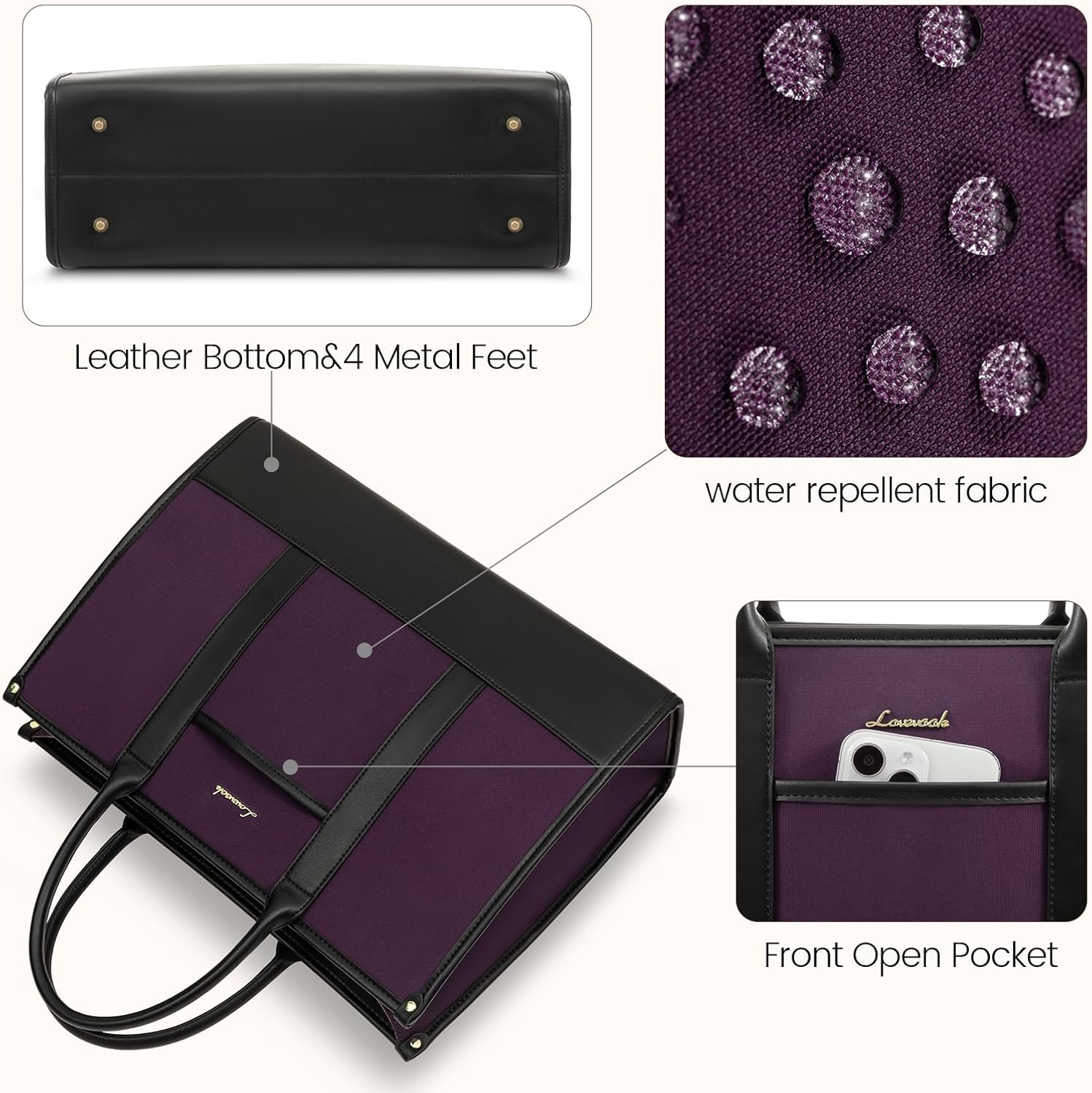 LOVEVOOK Laptop Tote Bags for Women Canvas Work Bag 15.6 inch Large Professional Teacher Purse Lightweight Computer Bag Briefcase Business Office, Purple-black - Image 7