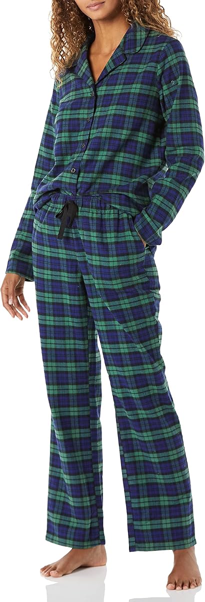 Amazon Essentials Conjunto de pijama de camisa y pantalón de franela de manga larga con botones delanteros para mujer