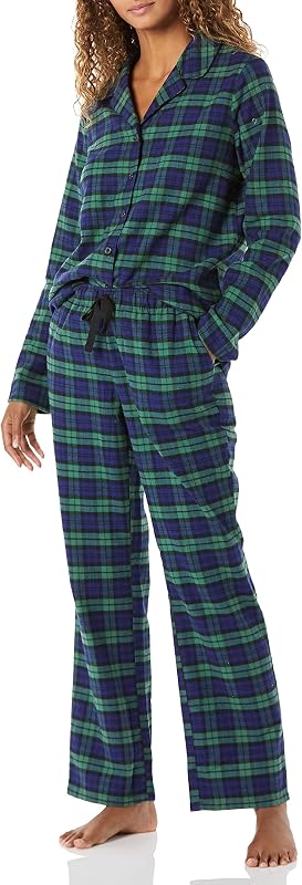 Amazon Essentials Conjunto de pijama de camisa y pantalón de franela de manga larga con botones delanteros para mujer