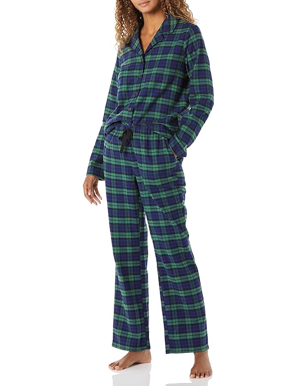 Amazon Essentials Women's Flannel Long-Sleeve Button Front Shirt and Pant Pajama Set, Cobalt Blue Green Blackwatch Plaid, X-Large by Amazon Essentials - Used condition - US$24.29