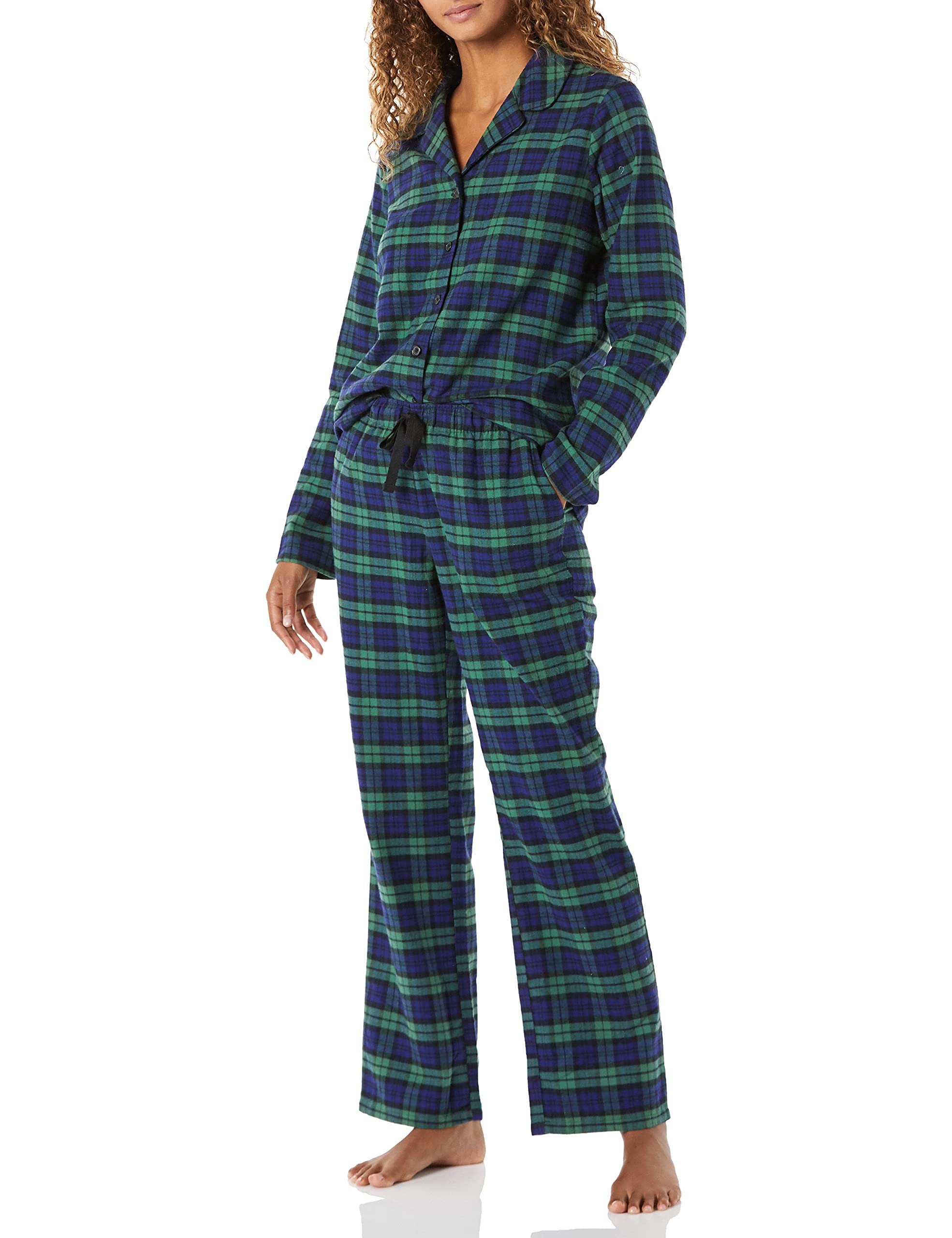 Womens Flannel Long-Sleeve Button Front Shirt and Pant Pajama Set