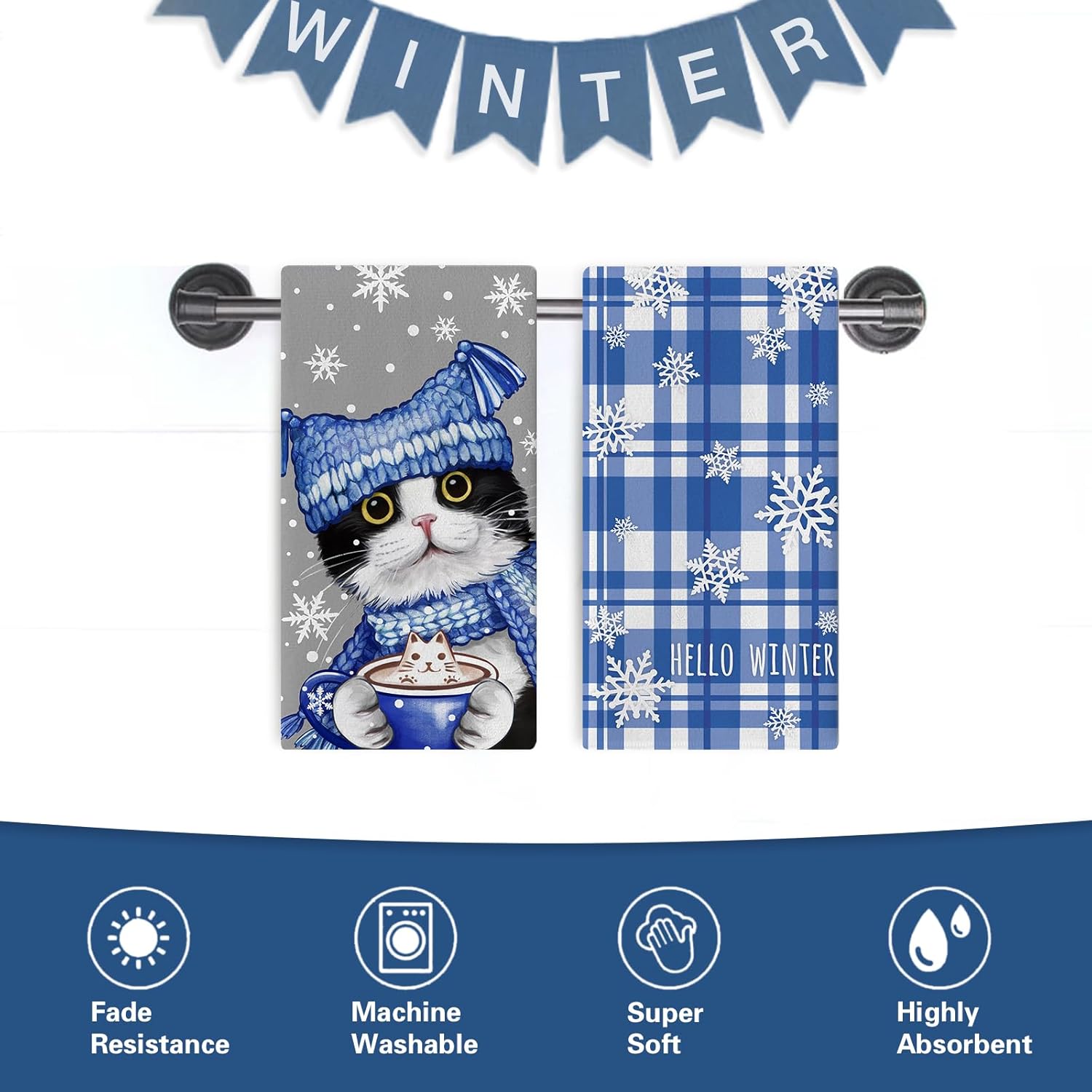 Hello Winter タキシード 猫 キッチン ディッシュタオル 2枚セット 雪の結晶乾燥ハンドタオル ベーキング クッキングク