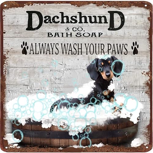 Dachshund & Co. Póster de jabón de baño, letrero de metal Wash Your Paws, póster de perro salchicha, regalo para amante de los perros, impresión de
