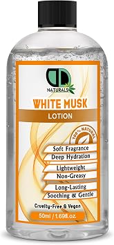 White Musk Body Lotion Lightweight Floral Moisturiser, Iconic Musk Scent, Vegan & Cruelty-Free Body Care, Leaves Skin Silky Soft, Deep Nourishing Hydration Formula 50ml