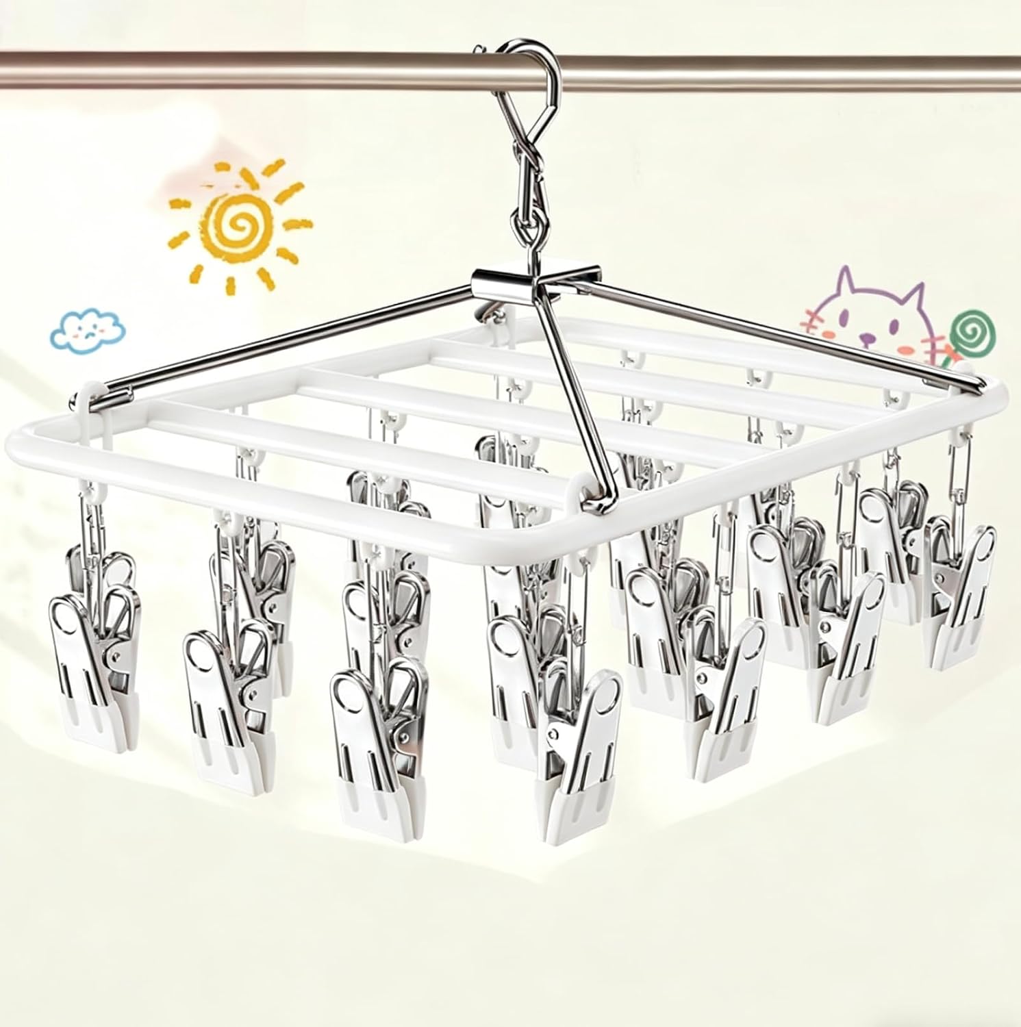 Drying Rack for Sock, Stainless Steel Sock Drying Rack with 23 Clips, Swivel Hook Windproof Hanger for Sock, Laundry, Hat, Scarf, Bras, Towel, Underwear, Pants, Gloves (White)
