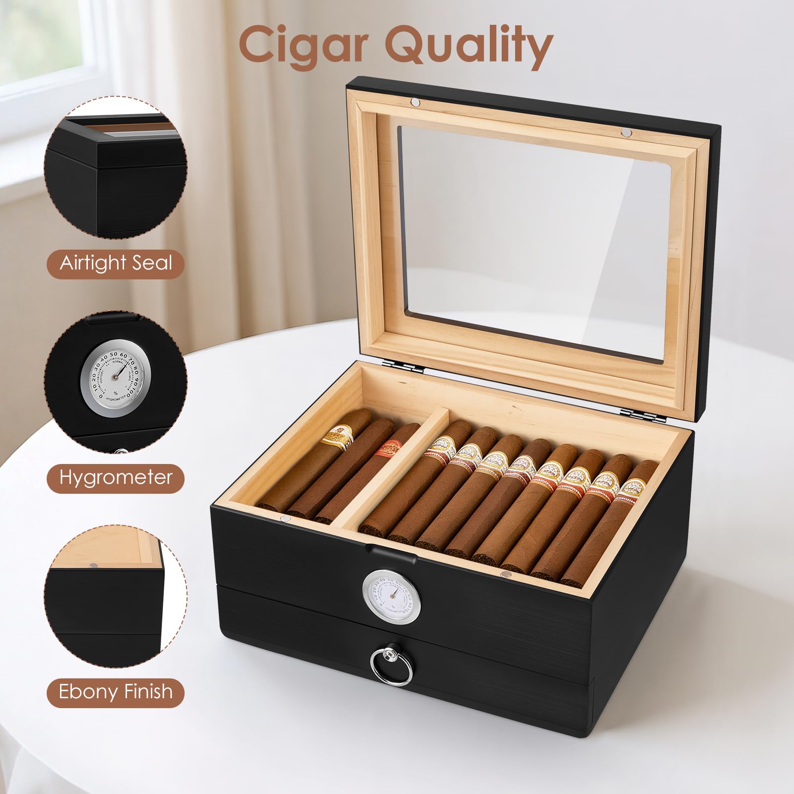 Umidificatore per sigari con coperchio in vetro in legno di cedro, da scrivania con igrometro digitale e accessori cassetto – Conservazione per 20-35 sigari, regalo per gli amanti dei sigari