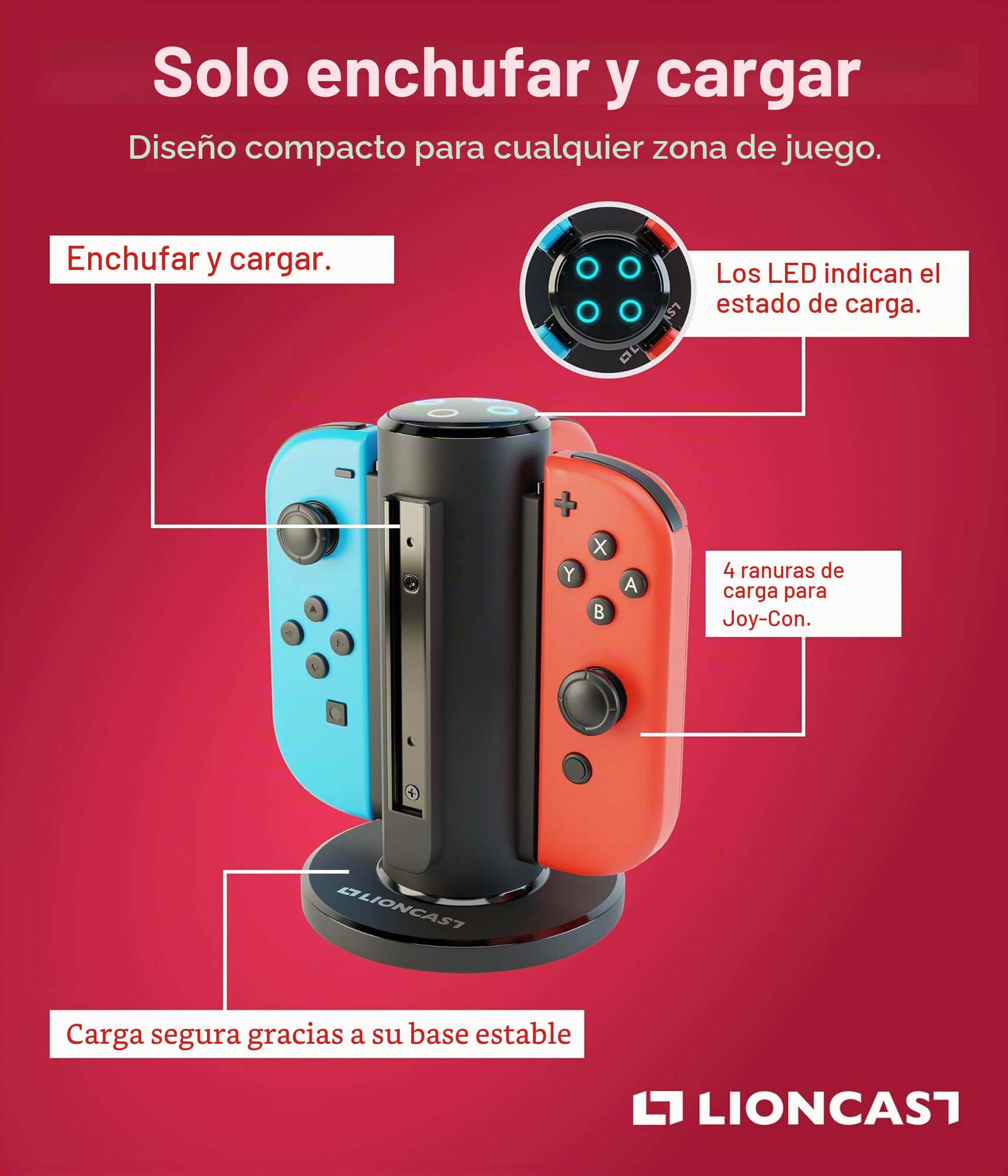Lioncast Base de Carga para Joy-con - Dock de Carga para 4 Mandos - Compatible con los Controles de Nintendo Switch - Luces Indicadoras de Estado de Carga, Fondo Fuerte - Accesorios de Juego