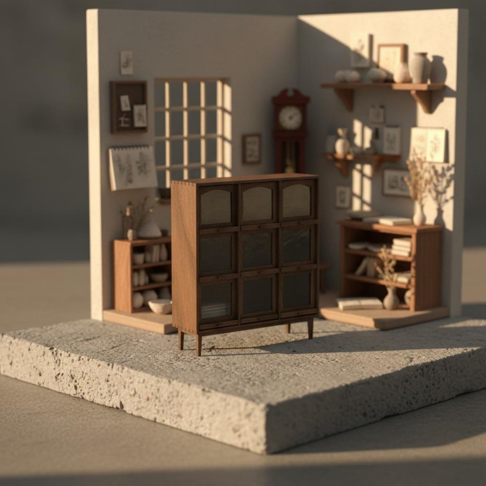 Miniatura Armadietto Scaffale Vetrinetta Credenza Legno con 9 Scomparti per Accessori Stile Rustico Giapponese Adatto per Casa Delle Bambole 1 12, 178x58x207 Mm, style to 1