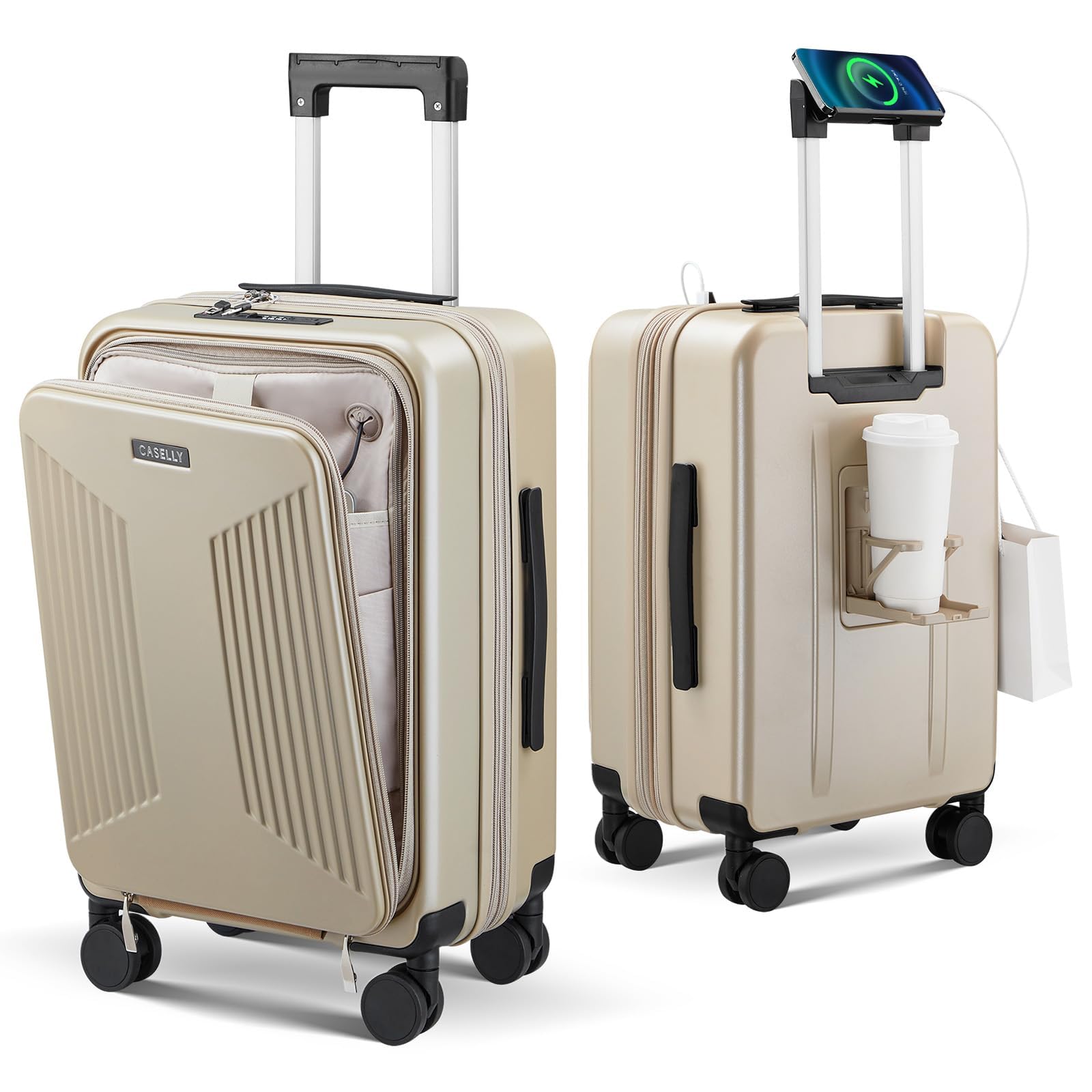 Carry on Luggage Top opening Suitcases, Expandable with Cup Holder and USB Charging Port,Lightweight with Front Pocket Rolling Suitcases with Spinner Wheels