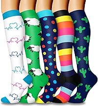 5 Pairs Compression Socks for Women & Men Circulation Support Knee High Stockings (01 Green/White/Blue/Sheep 1, Small-Medium)