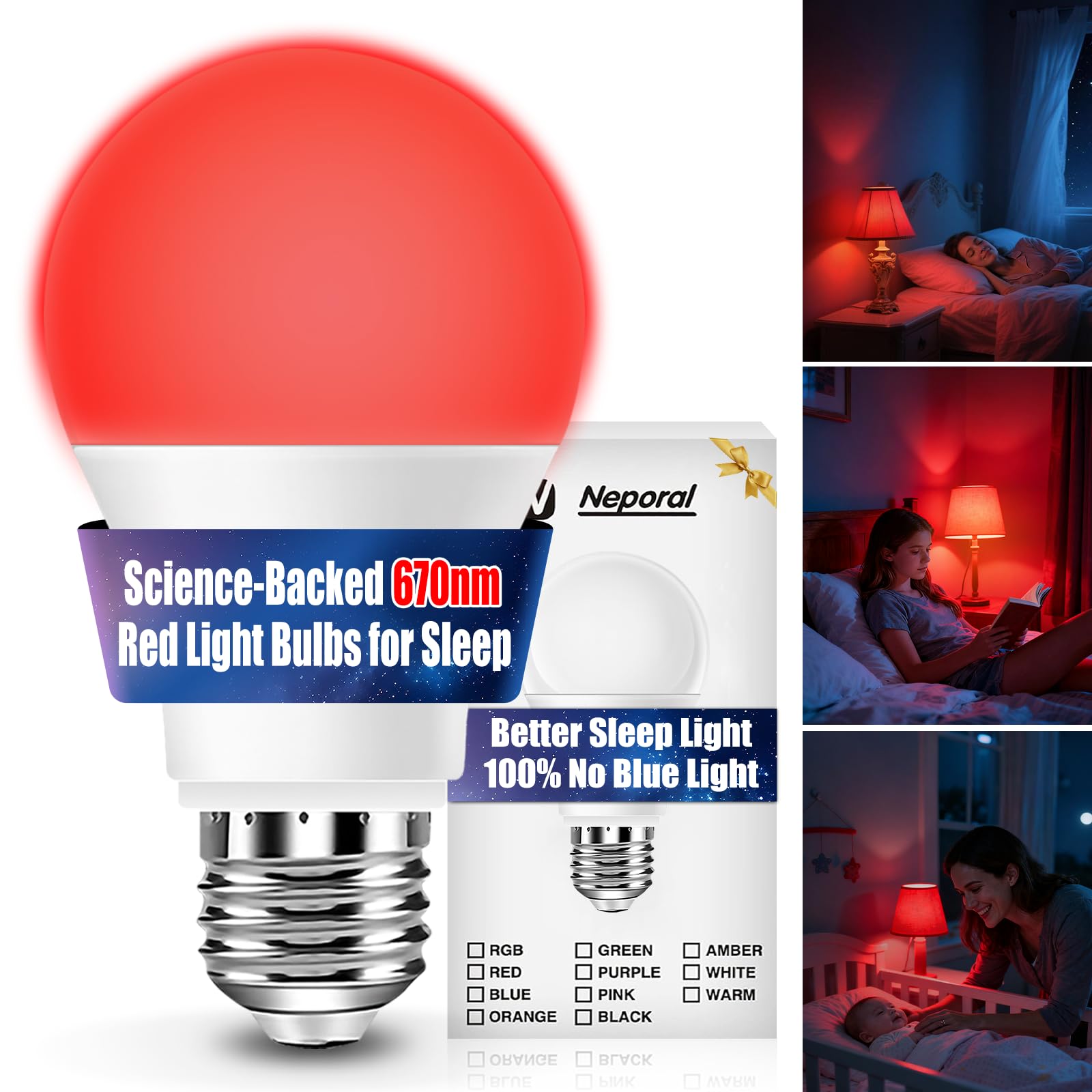 Neporal 7W 670nm Red Light Bulbs for Sleep, 100% Blue Light Blocking Bulb, Red Light Night Light for Melatonin Promoting, A19 60W Equivalent Dim Light
