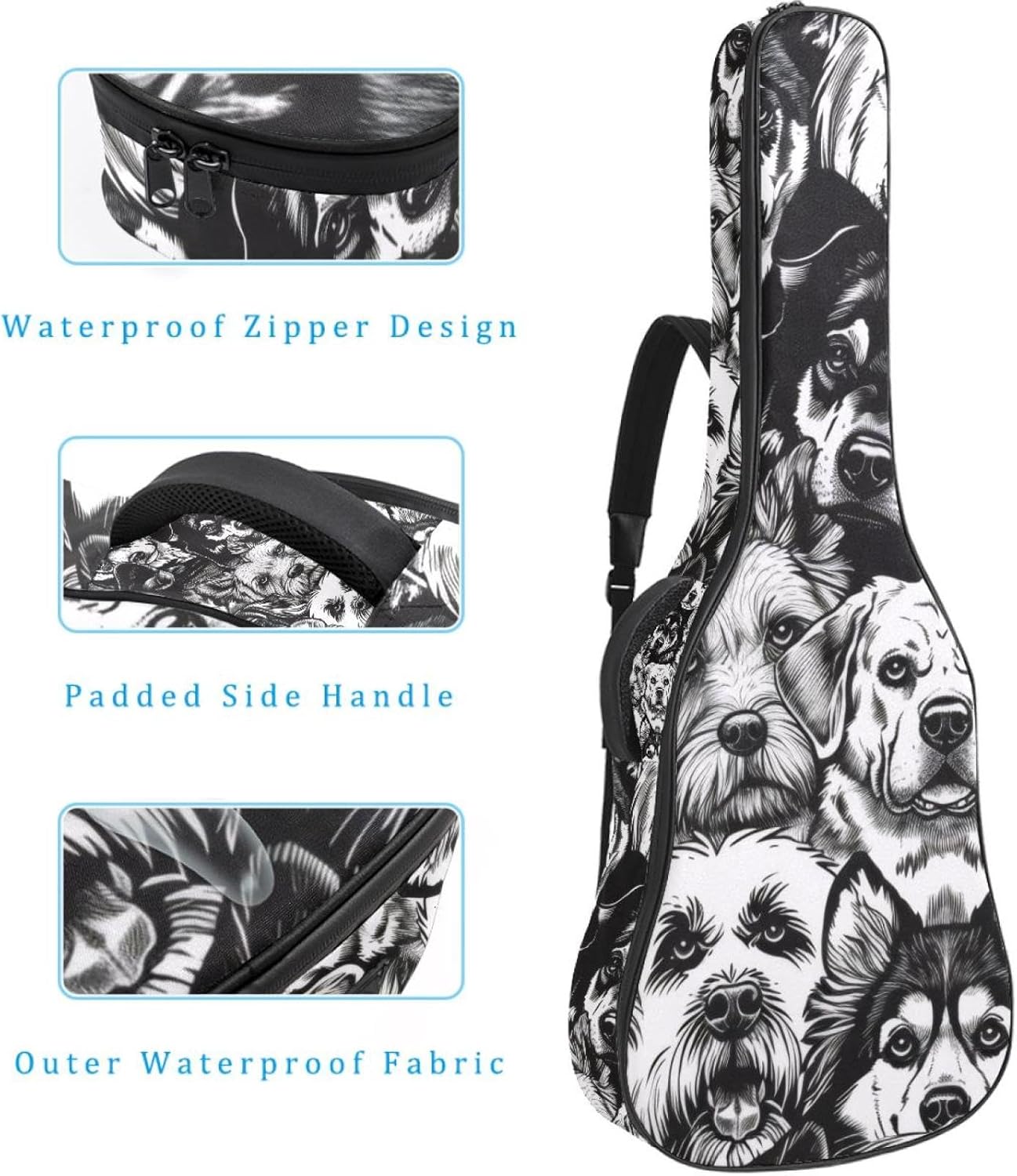 Acoustic Guitar Bag, 40 41 42 Inch Guitar Case Cover Soft Guitar Gig Bag for Acoustic Electric Bass Classical Guitar, Variety of Dog Breeds Seamless Pattern Hand Drawn