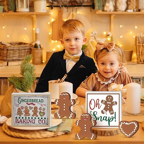 Miniatura 5 de Suzile 5 piezas de decoración de mesa de hombre de jengibre de Navidad, bandeja rústica escalonada de madera de jengibre para árbol de Navidad,