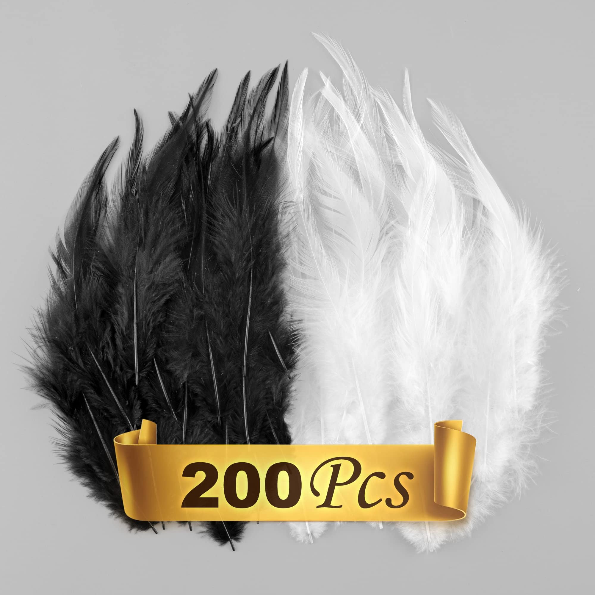 UNEEDE 200Pcs Feathers 4-6 Inch Saddle Hackle Rooster Feather Natural Pheasant Neck Feathers for Dream Catcher, DIY Halloween Decorations, Cosplay Costumes & Crafts,100Pcs Black 100Pcs White Feathers